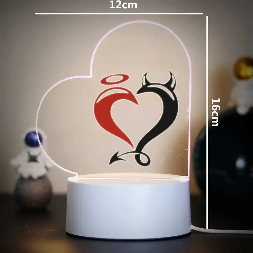 Heart Shaped Acrylic 3D Night Light Devil Angel Pattern USB Desk Lamp Bedroom Decor Lamp