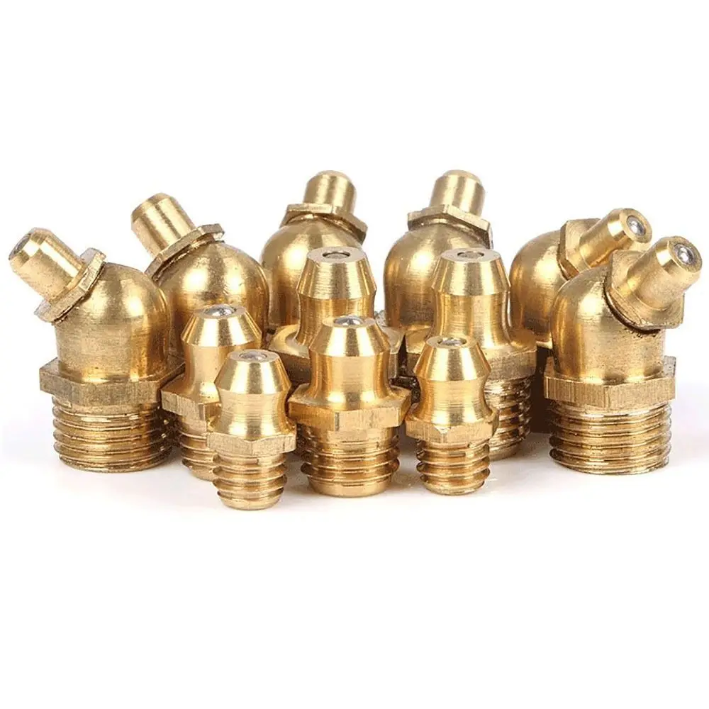 10Pcs M4-M20 Brass Grease Nipple Straight 45 Degree 90 Degree Brass Grease Zerk Nipple Flat Smooth Mouth Thread Fitting