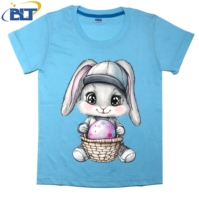 Cute Bunny with Cap Holding Easter Egg Printed Kids T-shirt Pure Cotton Short Sleeve Casual Top for Boys and Girls