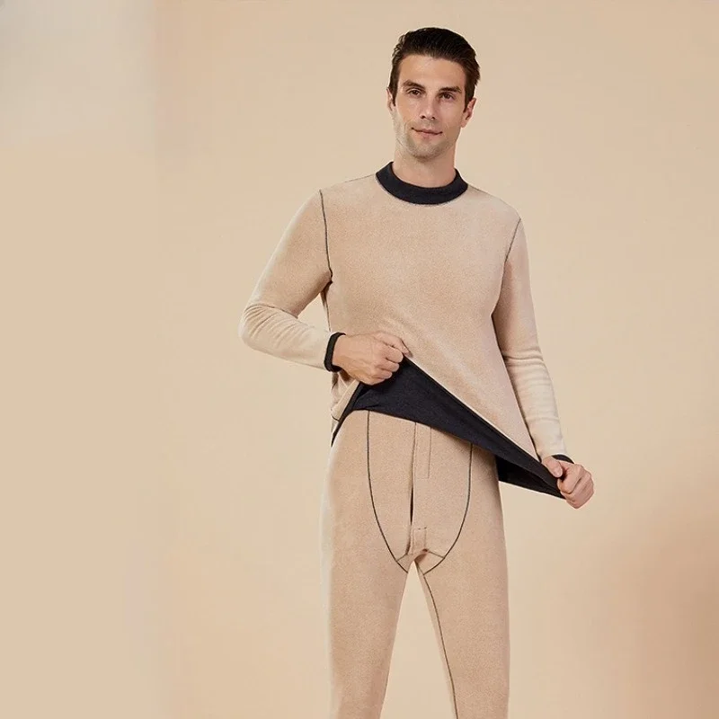 Men's Winter Set Half-high Collar First Layer 2 Pieces Tops + Pants Fleece Warm Elastic Thermal Thick Underwear Set