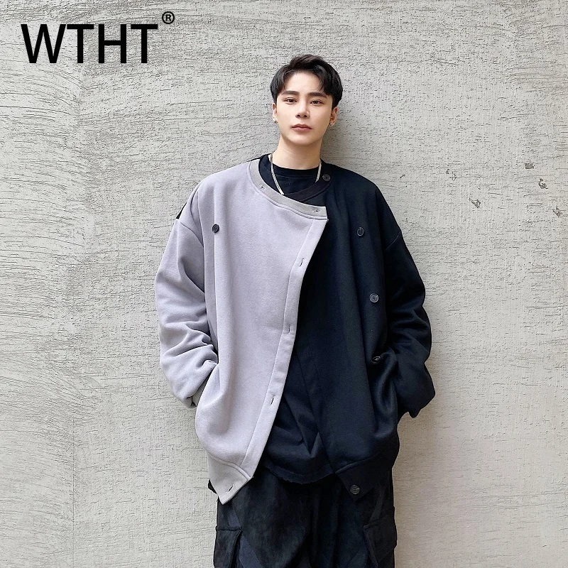 

WTHT модные мужские нерегулярные лоскутные пальто контрастного цвета, модные осенние куртки с длинными рукавами и круглым вырезом 2220, мужские 2A2110