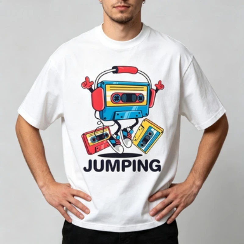 Fashion Men Vintage Cartoon Music T‑Shirt Jumping Anthropomorphic Cassette Tape Letter Print Casual Short Hop Streetwear Tops