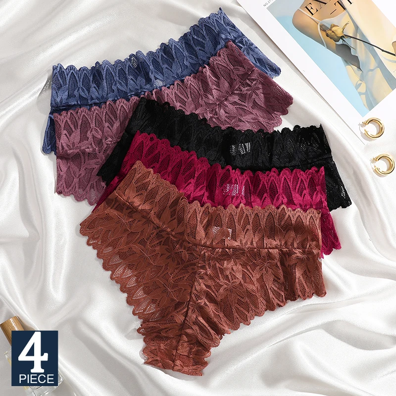 FINETOO 4PCS Frauen Floral Spitze Höschen Sexy Perspektive G-String Hohe Taille Unterhose Weibliche Atmungsaktive Dessous Dessous