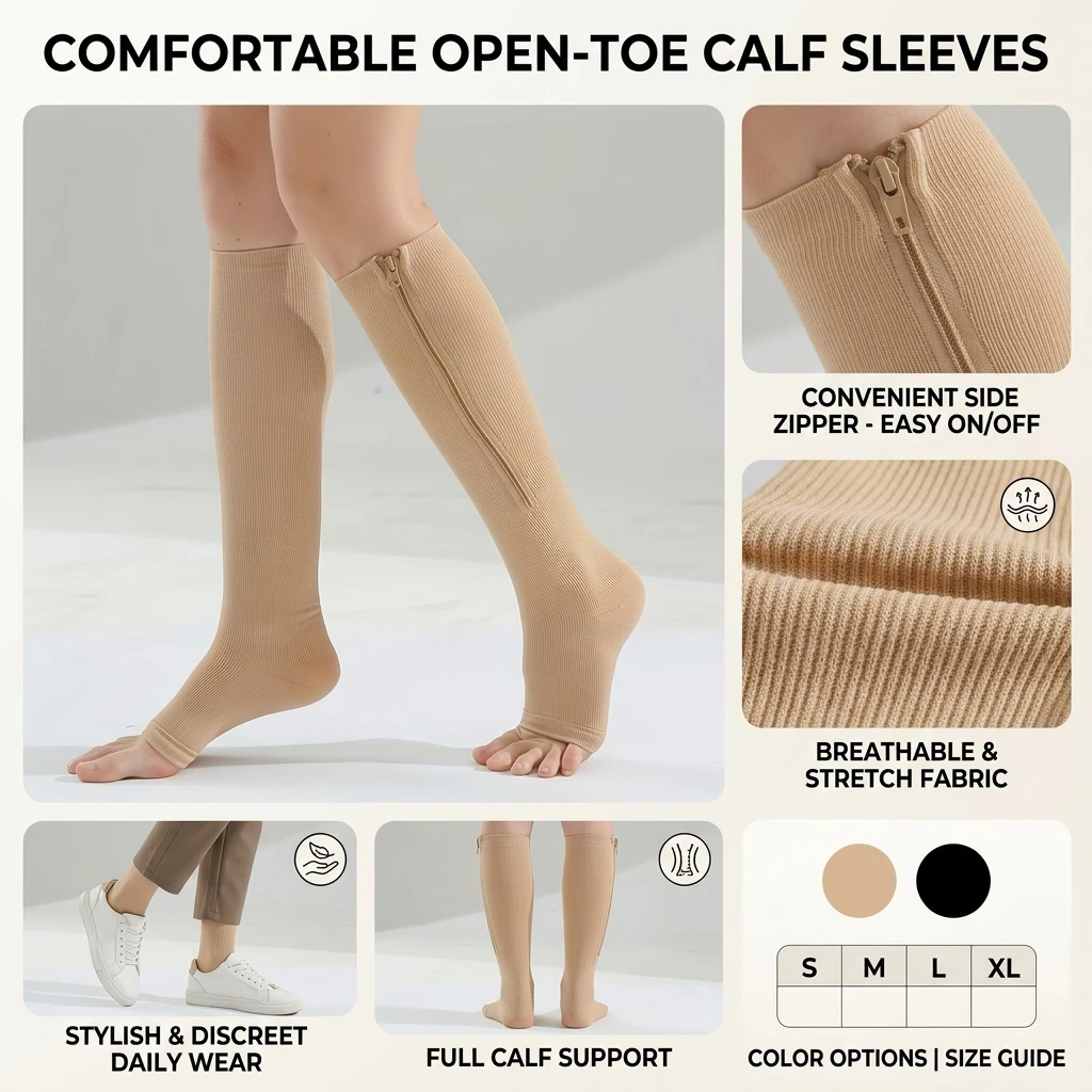 Skin Tone Zipper Compression Socks Open Toe Elastic Leg Support Anti Fatigue Swelling Stockings Flight Nurse Running Fitness Dai view 3