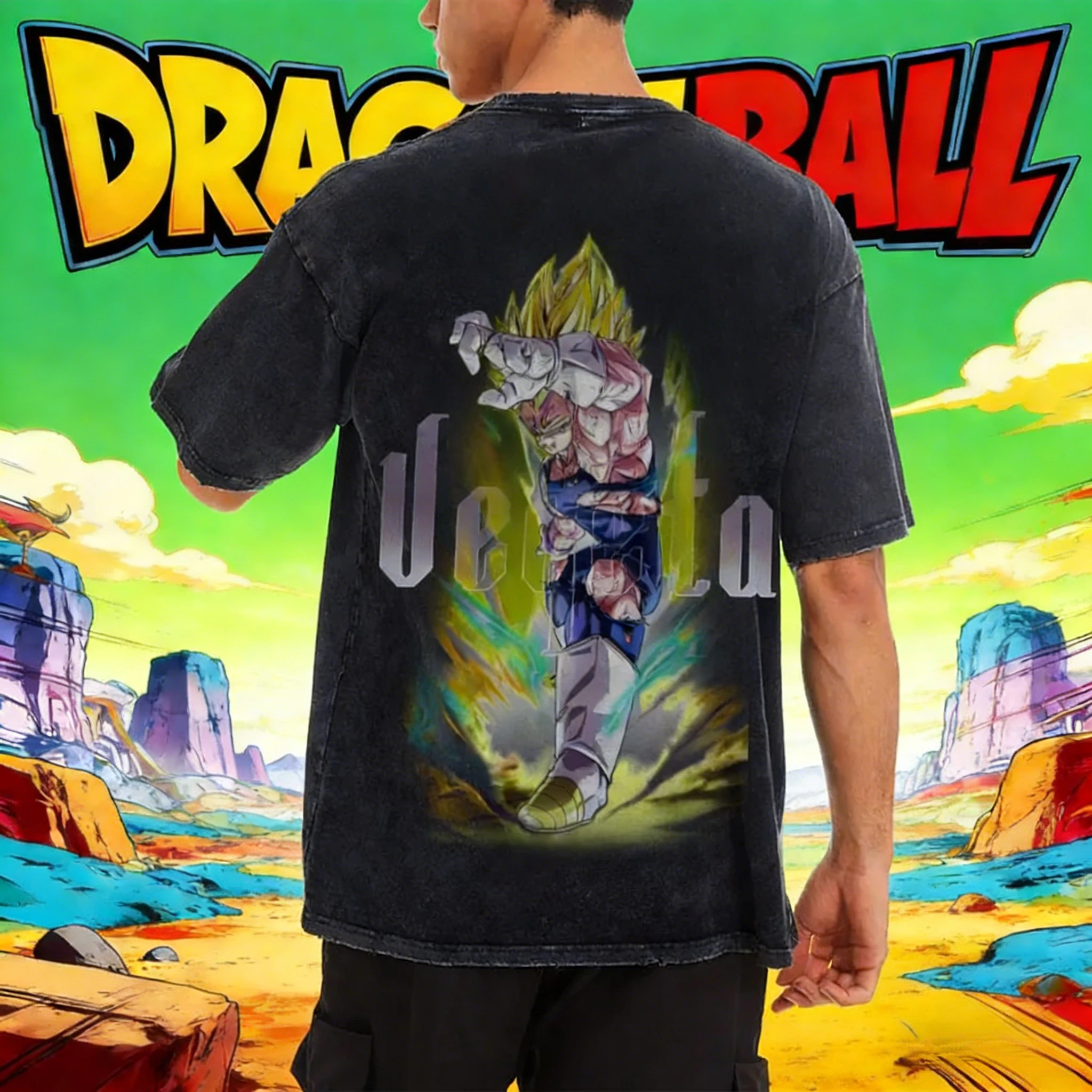 Dragon Ball Vegeta High Burn Fight Vintage Washed T-Shirt Klassisches High Street Style Kurzarm Sommer Herren und Damen Top