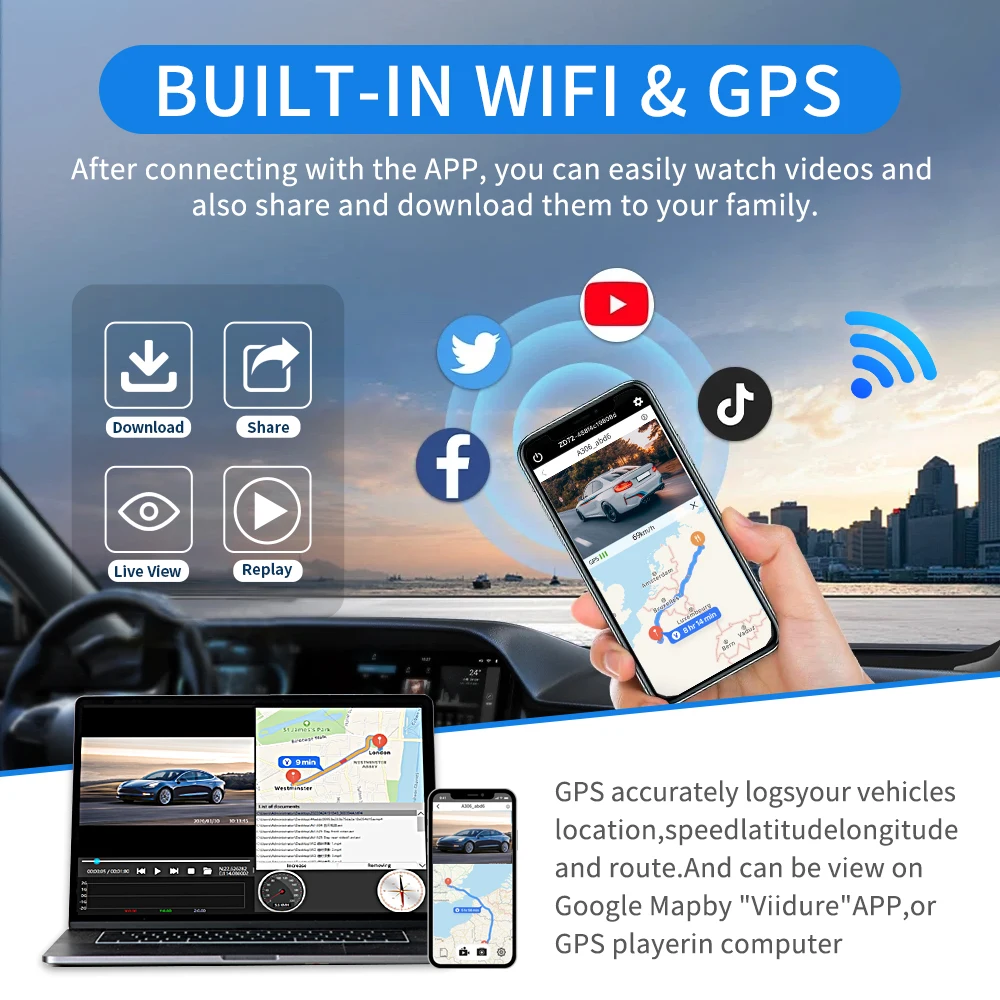 2K QHD 64G 4Channels Dash Cam Built-in WiFi GPS 24H Parking Monitoring Car DVR G-Sensor Loop Recording Night Vision Black Box