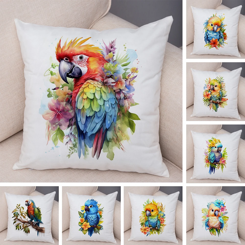 Cartoon Waterpainted Bird Print Pillowcase for Children Home Car Sofa Decor Lovely Parrot Animal Pillow Case Plush Cushion Cover