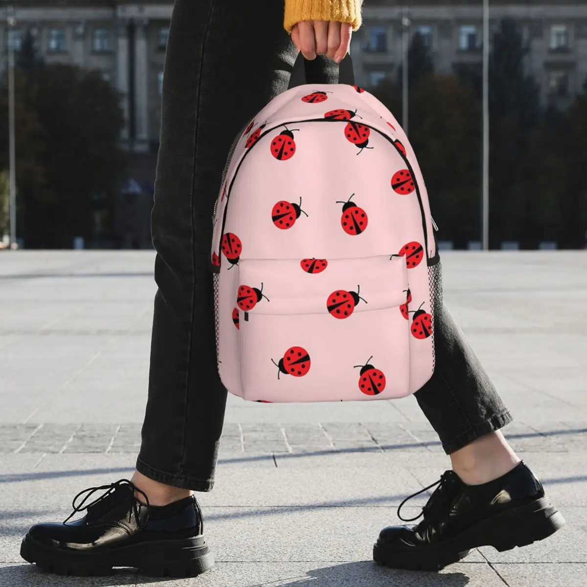 Cute Ladybug Pattern On Pink Background Backpack Student BookBag Men Women School Bag Computer Shoulder Bags