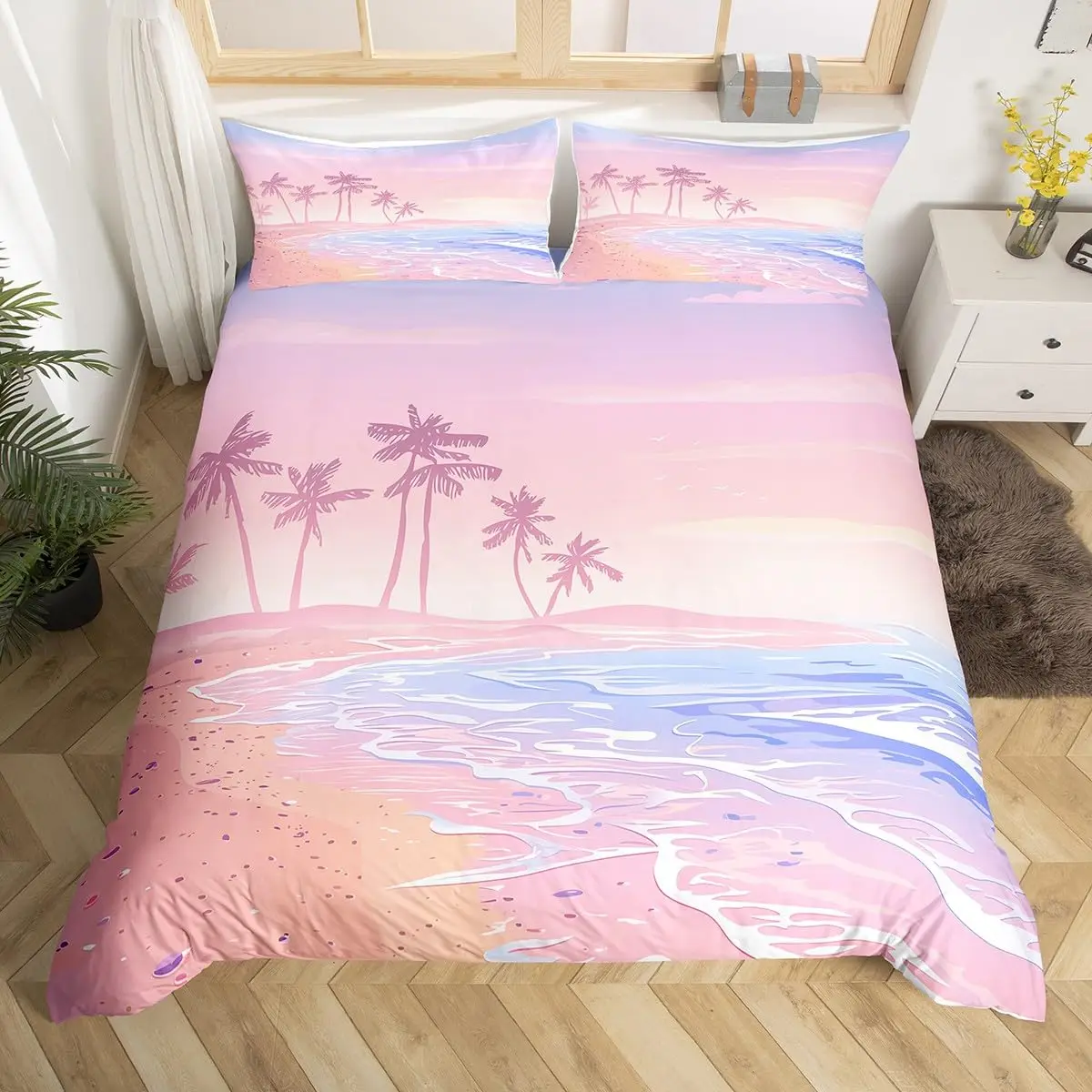 Pink Beach Duvet Cover Set Girls Romantic Hawaii Ocean Bedding Set Palm Trees Sky View Comforter Cover Girly Summer Quilt Cover