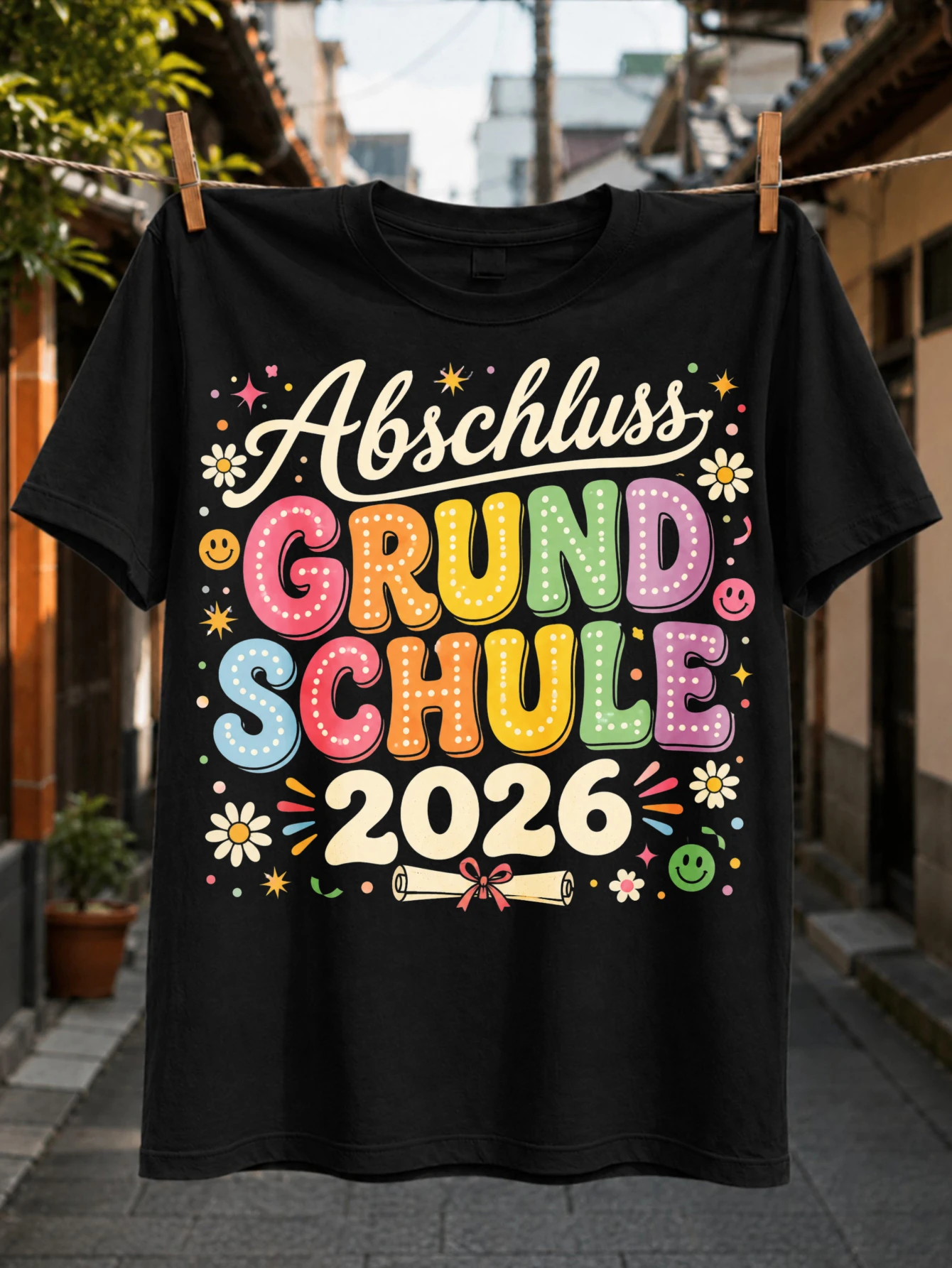 Abschluss Grundschule 2026 lettering with pastel bubble letters SM I LEYs daisies and school supply  Unisex All T-Shirt