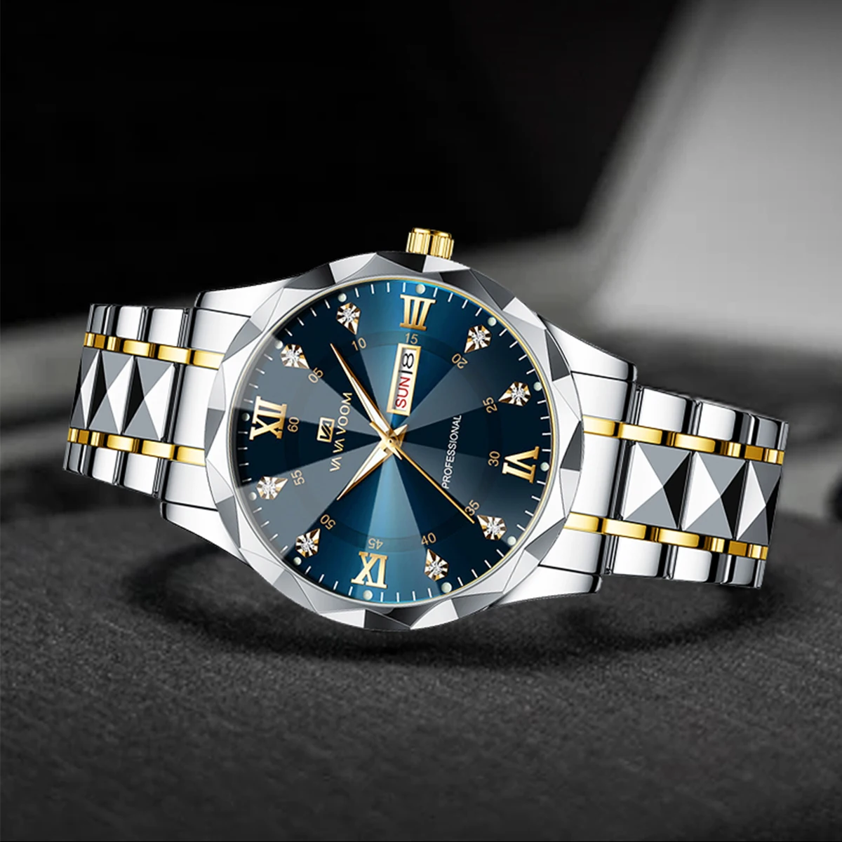 Men Watch Water Diamond Luxury Night Glow Double Calendar Quartz Movement 41mm Blue Gold Stainless Steel Fashion Business Watch