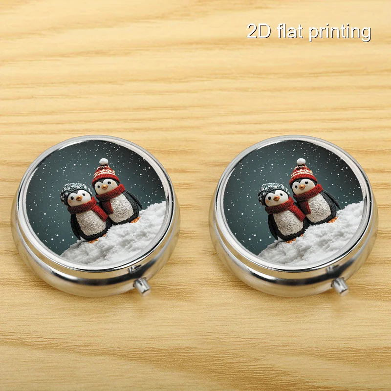 Winter Penguin 7-Pattern Round Box, Comprehensive Metal Box, 3-Layer Storage Metal Box, Mini Portable Box for Outdoor Activities or as a Bag Accessory, Multi-Layer Sorting Box Suitable for Home Travel, Birthday Gifts, Christmas Gifts, or as a Collection Box, with Printed Patterns That May Vary