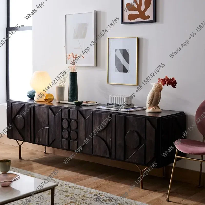 08 Nordic Retro Solid Wood TV Cabinet Geometric Carved Dining Side Cabinet Living Room Locker Designer X