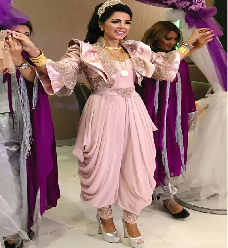 Traditional Pink karakou Evening Dress Indian Pant Suit Wedding Dresses jumpsuit 2022 Chiffon Lace Albanian Turkey Prom Dresses