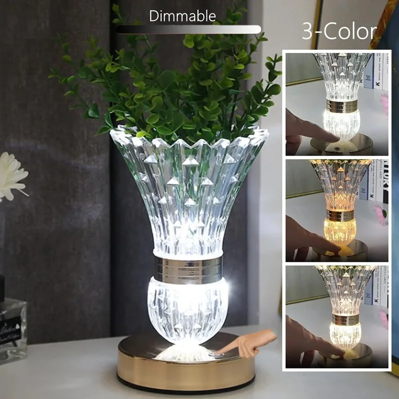 LED Acrylic Crystal Touch-Control Table Lamp with Three-Color Dimming; Bedroom Decor, Bedside Lamp, Living Room Decor Vase