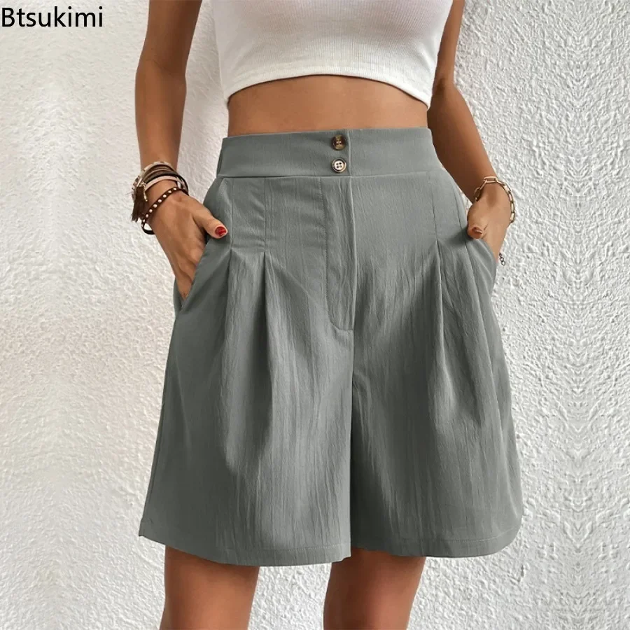 2025 Women's Fashion Elegant High-waisted Shorts Loose Casual Solid Wide Leg Shorts Ladies Daily Commuting All-match Short Pants