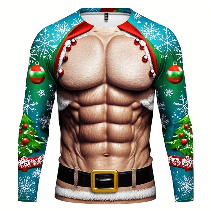 

Funny Ugly Santa Claus Fake Muscles 3D Print T-shirts Xmas Men Women Long Sleeve Tees Fashion Oversized Christmas Men's Clothing