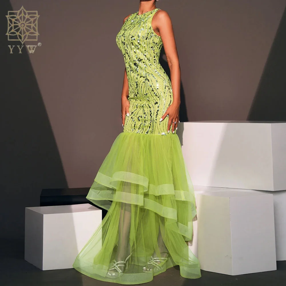 Sexy Backless Green Sequin Summer Dress Prom Dress 2024 Women Elegant Luxury Fishtail Dress Long Party Evening Dresses Vestidos