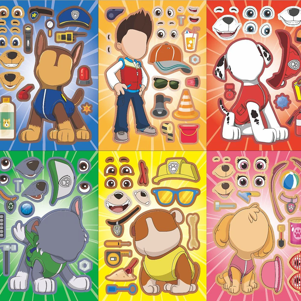 

8/16Sheets Cartoon PAW Patrol Puzzle Anime Stickers Chase Make-a-Face Assemble Funny Decal Assemble Jigsaw Children Gift Boy Toy