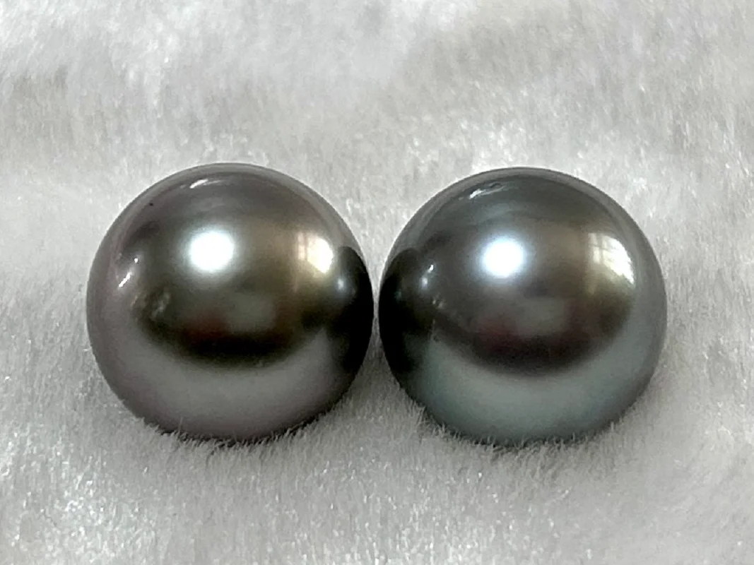 Pair of 13mm Real Tahitian Loose Pearls Fine Seawater Gray Round Beads Fine Wedding Party DIY Jewelry Gifts for Women Girls