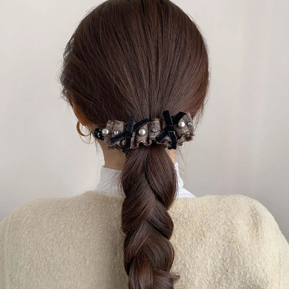 

Elegant Bow Banana Clip Korean Style Square Rhinestone Women Vertical Clip Plastic Multi-layered Pleated Ponytail Holder