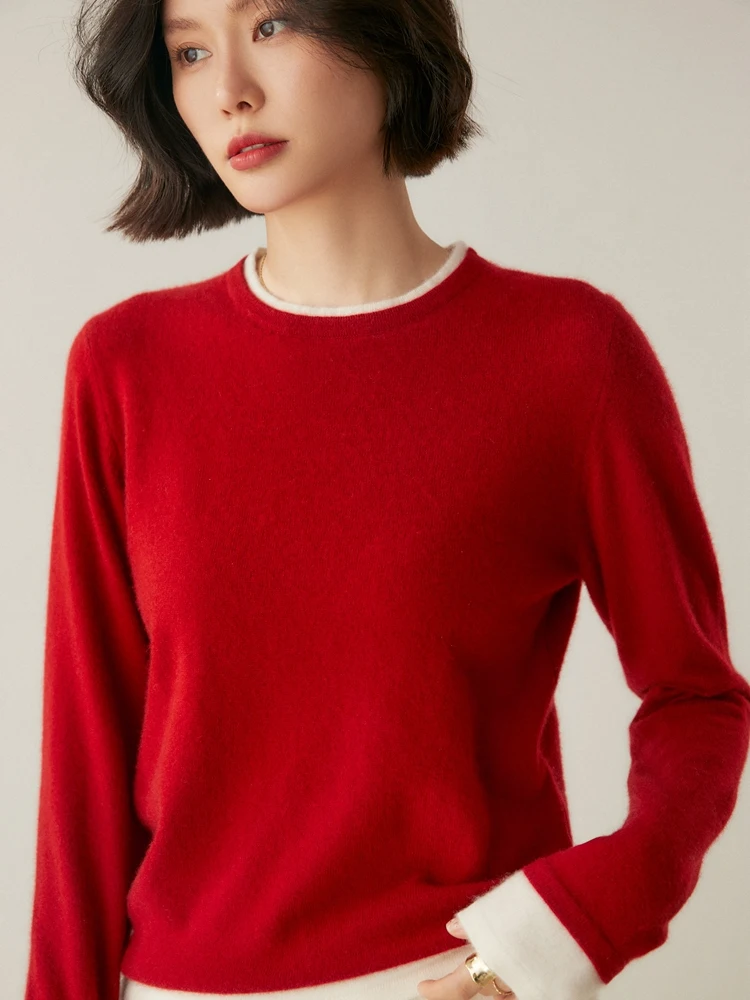 新しいファッション女性 100% カシミヤコントラストカラーセーター O ネックプルオーバー秋冬服ソフトカジュアルベーシックニットウェア