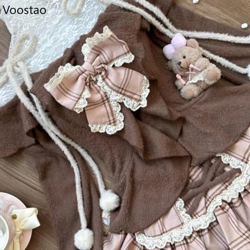 Japanese Fashion Sweet Lolita 2 Piece Sets Women Retro Brown Tops Fluffy Cake Skirt Female Off Shoulder Kawaii Slim Vintage Suit