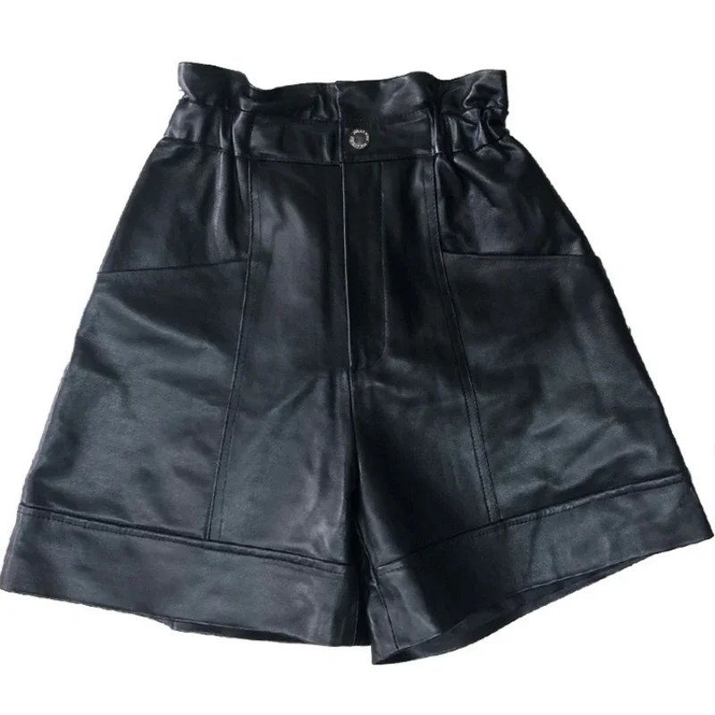 Tajiyane Genuine Leather Shorts Women's Spring New High-waist  A-line Wide-leg Loose Leather Pants Women's Clothing FCY059