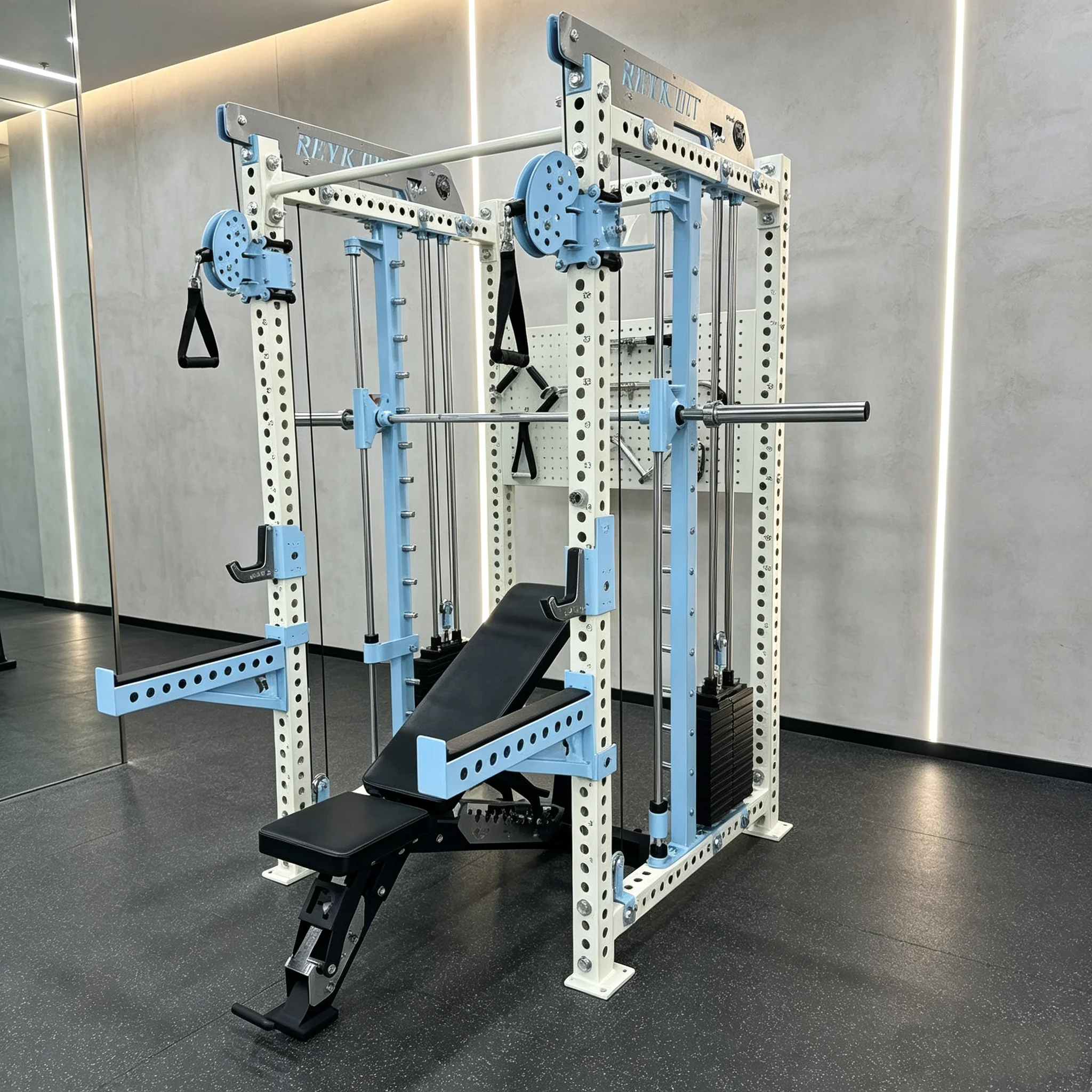 Hot Sales Commercial Use Stainless Steel Multi Gym Smith Machine Squat Rack Cable Fly Arms Chest Legs Trainer 75kg Weight Stack