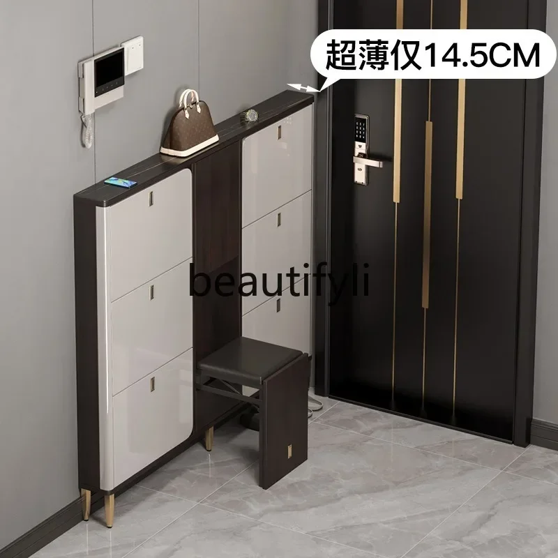 cqy Ultra-thin solid wood shoe cabinet, integrated 14cm modern simple entrance cabinet tipping bucket