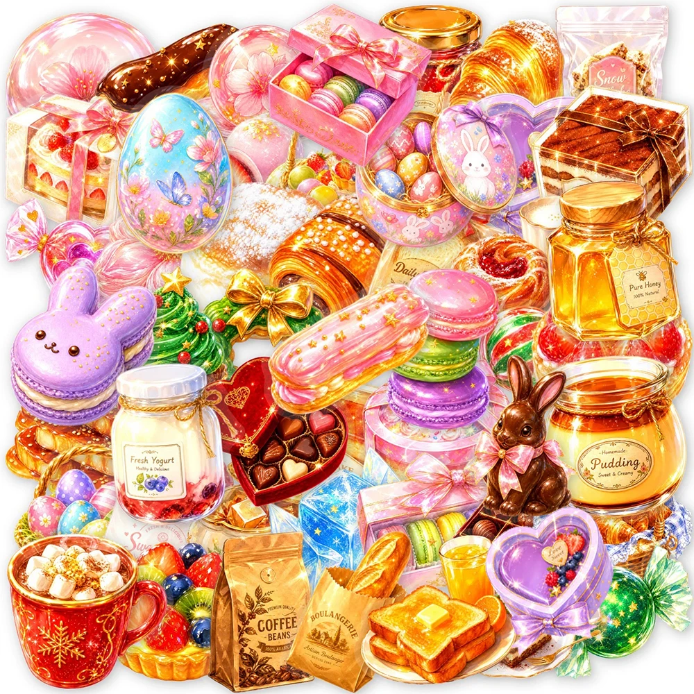10/30/50pcs Transparent Shiny Dessert Cake Bread Stickers Cartoon Food Sticker DIY Fridge Water Bottle Phone Decals Decoration