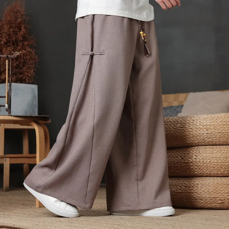 Chinese Style Men Original Wide Leg Pants Men Retro Frog Button Casual Bottoms Traditional Hanfu Trousers Man Harajuku Pants