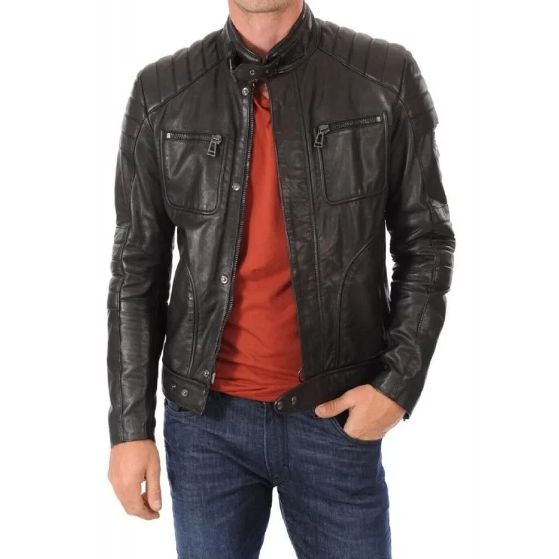 

Black Real Lambskin Genuine Bomber Biker Leather Zipper Jacket for Men