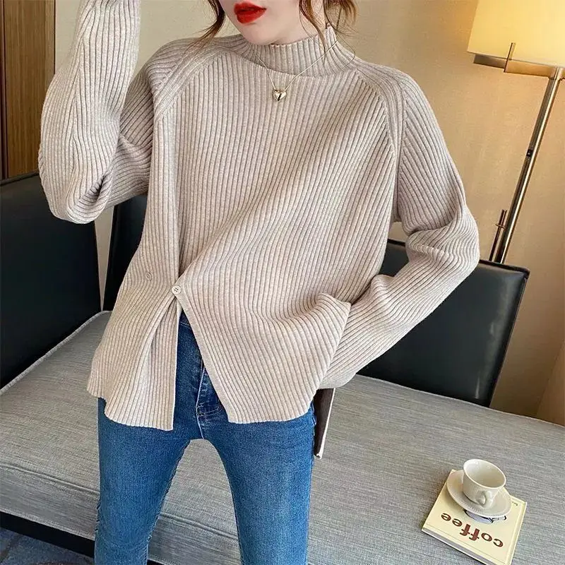 Half high collar sweater pullover women 2023 solid loose open knit autumn and winter casual long sleeve sweater pullover female