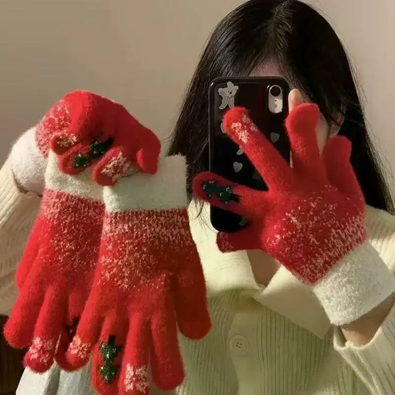 Cute Christmas Fingerless Touchscreen Gloves For Women, Winter Warm Fleece-Lined Thick Cold-Proof Cycling Gloves
