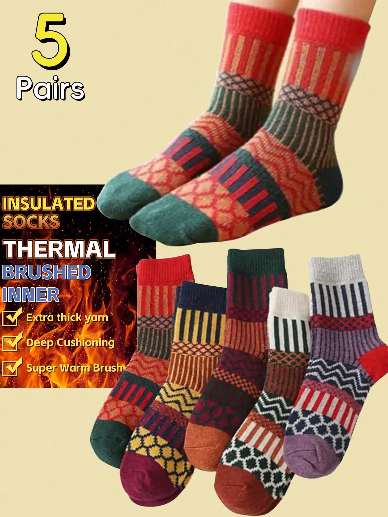 5 Pairs of Retro Ethnic Style Women's Socks Mid-Calf for Autumn Winter Versatile Warm Knitted Extra Thick Fleece Lined