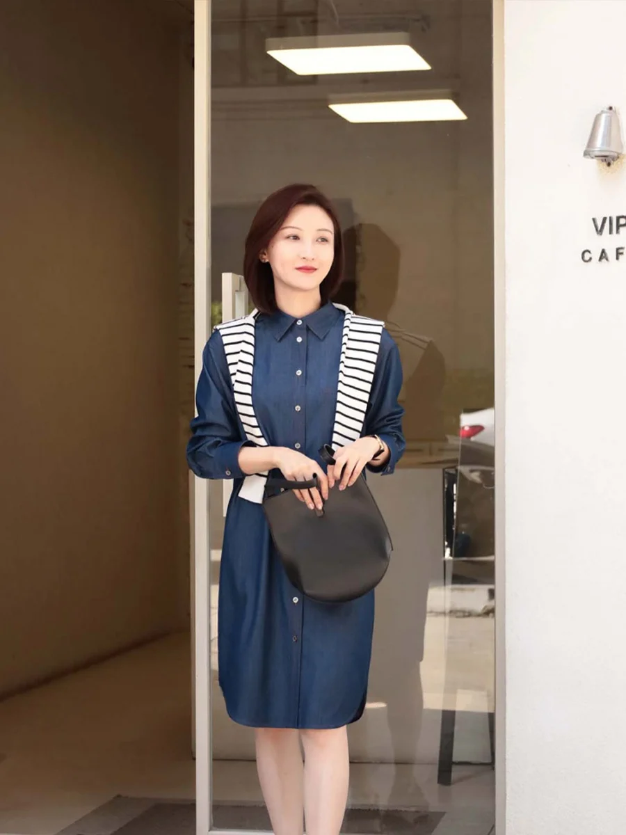 

Свободная удлиненная джинсовая рубашка в стиле кэжуал, многослойная, свободного прямого кроя, с воротником, из полиэфирного волокна, для повседневной носки, женская.