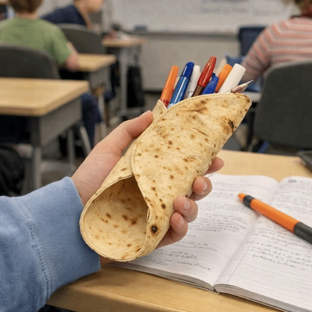 Creative Design Flying Pancake Pencil Case Canvas Material Fun Burrito Design Pancake Pencil Box Stain-resistant