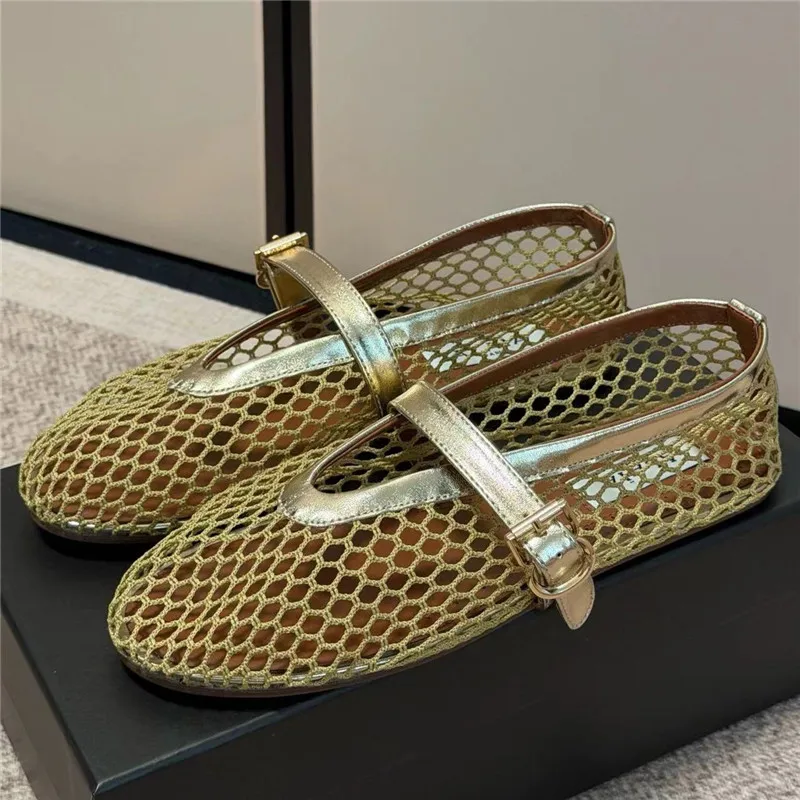 2026 Women Mesh Mary Jane Flats Metallic Gold Hollow Out Breathable Sandals Adjustable Buckle Casual Daily Walking Shoes