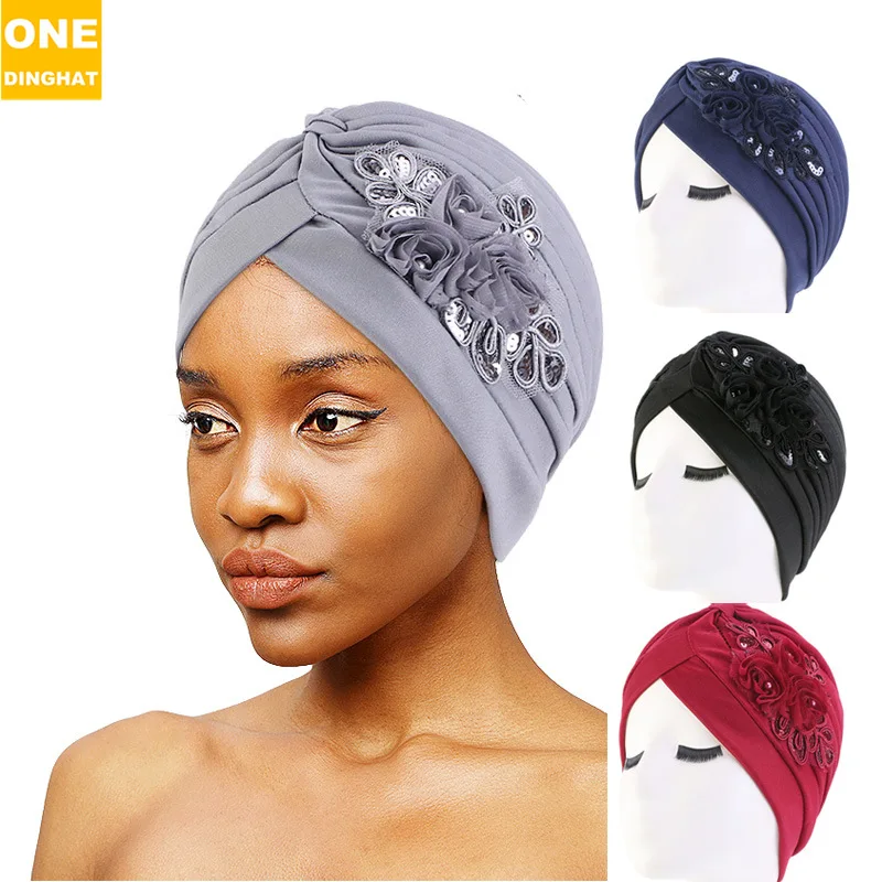 New Flower Decoration Turban Solid Color For Women Fashion Hair Wear Head Wrap Ladies Headwear Cancer Hats India Cap Bandana