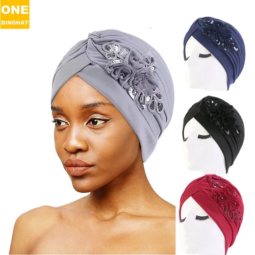 Imagen 1 del producto Nueva flor decoración turbante Color sólido para mujer moda ropa para el cabello envoltura para la cabeza sombreros de mujer sombreros contra el cáncer gorra India Bandana