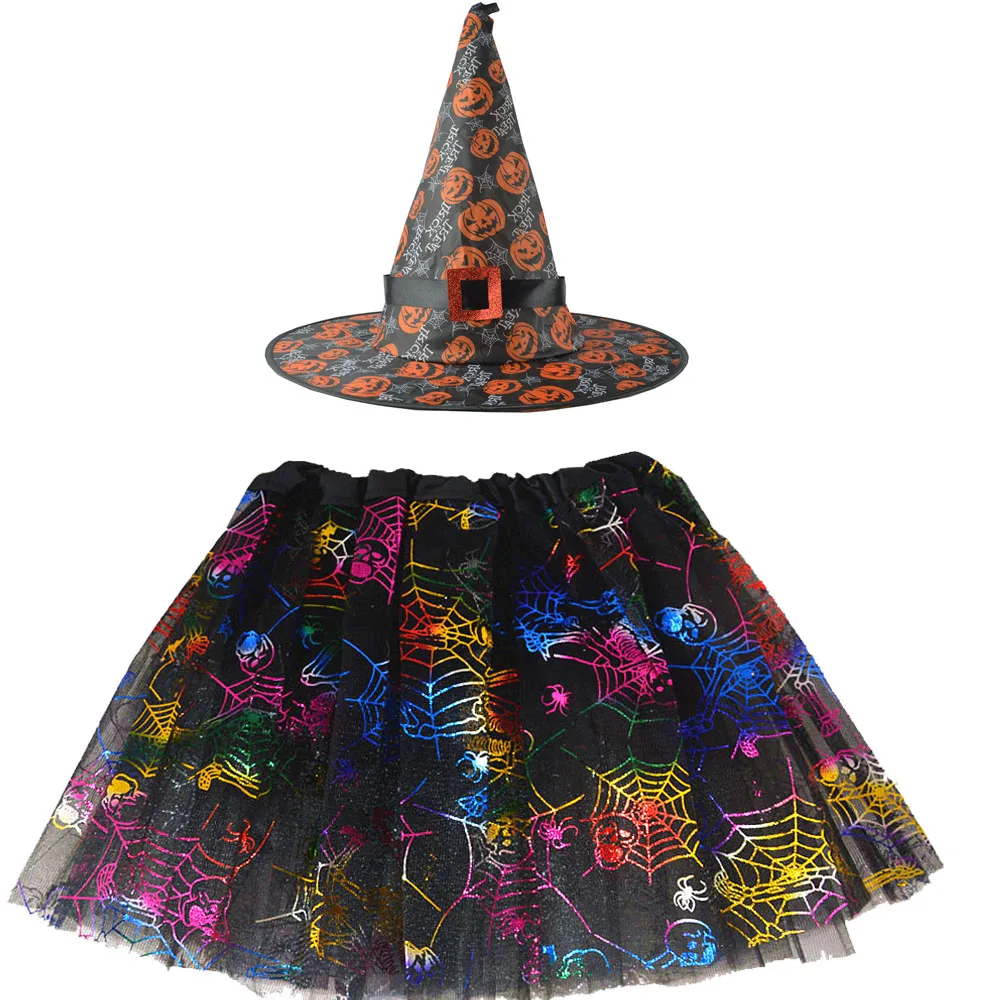 Children Kids Girl Spider Web Tutu Cobweb Skirt Witch Wizard Hat Carnival Party Dressed Up Costume Cosplay Halloween Pumpkin Bag