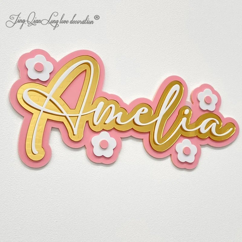 Custom 3D Calligraphy Name Sign With Flower Details, Personalised Triple Bedroom Wall Sign, Nursery, Playroom, Girls Bedroom De - Detail 1