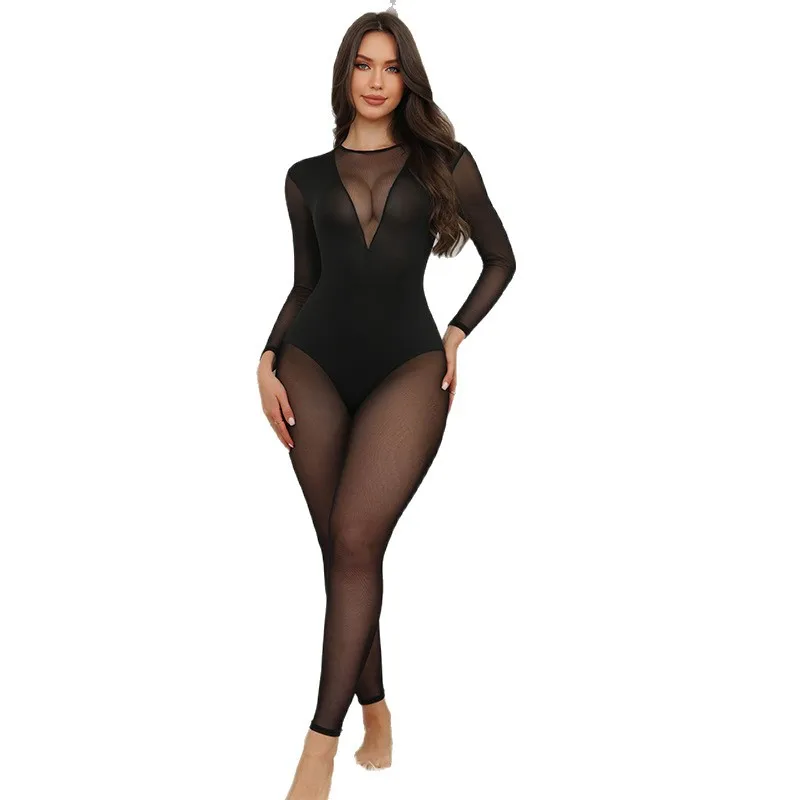 Cross-border Foreign Trade 2026 Summer New Women's Solid Color Mesh Stitching Chest Design Long Sleeve Slim Onesie Cw69330