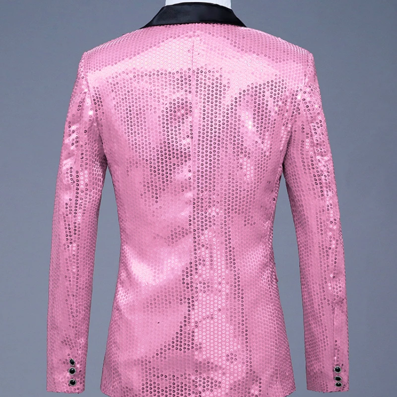 Pink Sequin One Button Dress Blazers Brand New Nightclub Prom Men Suit Jacket Wedding Stage Singer Costume (Bowtie Include)