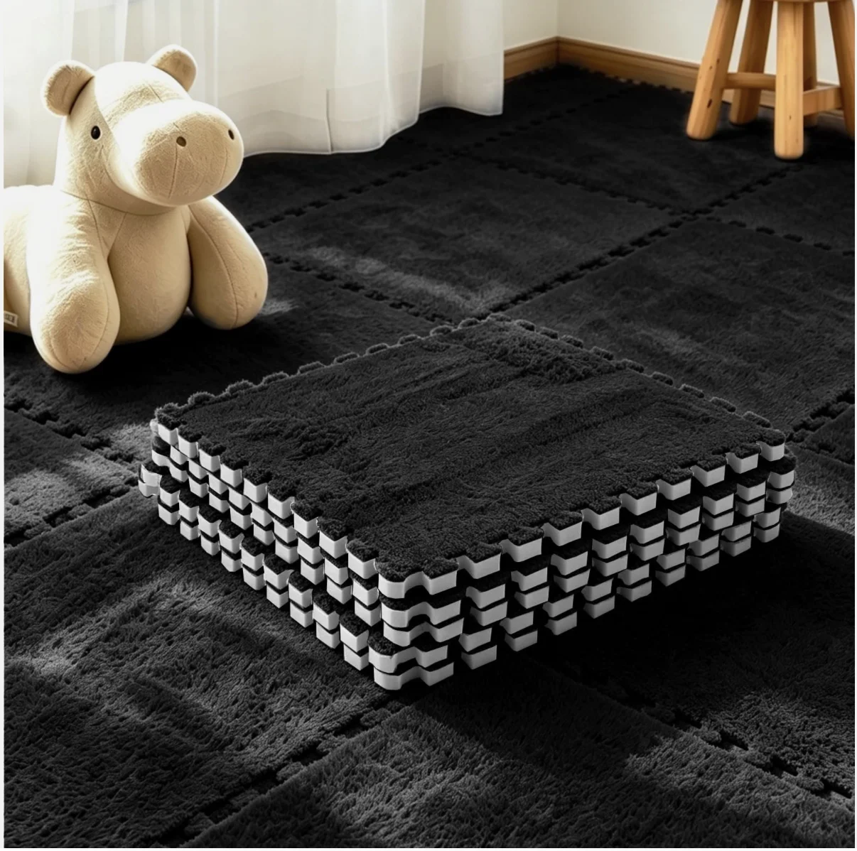 20Pcs Plush Crawling Mat, 30x30cm Carpet Puzzle Floor 30x30x1cm, Black