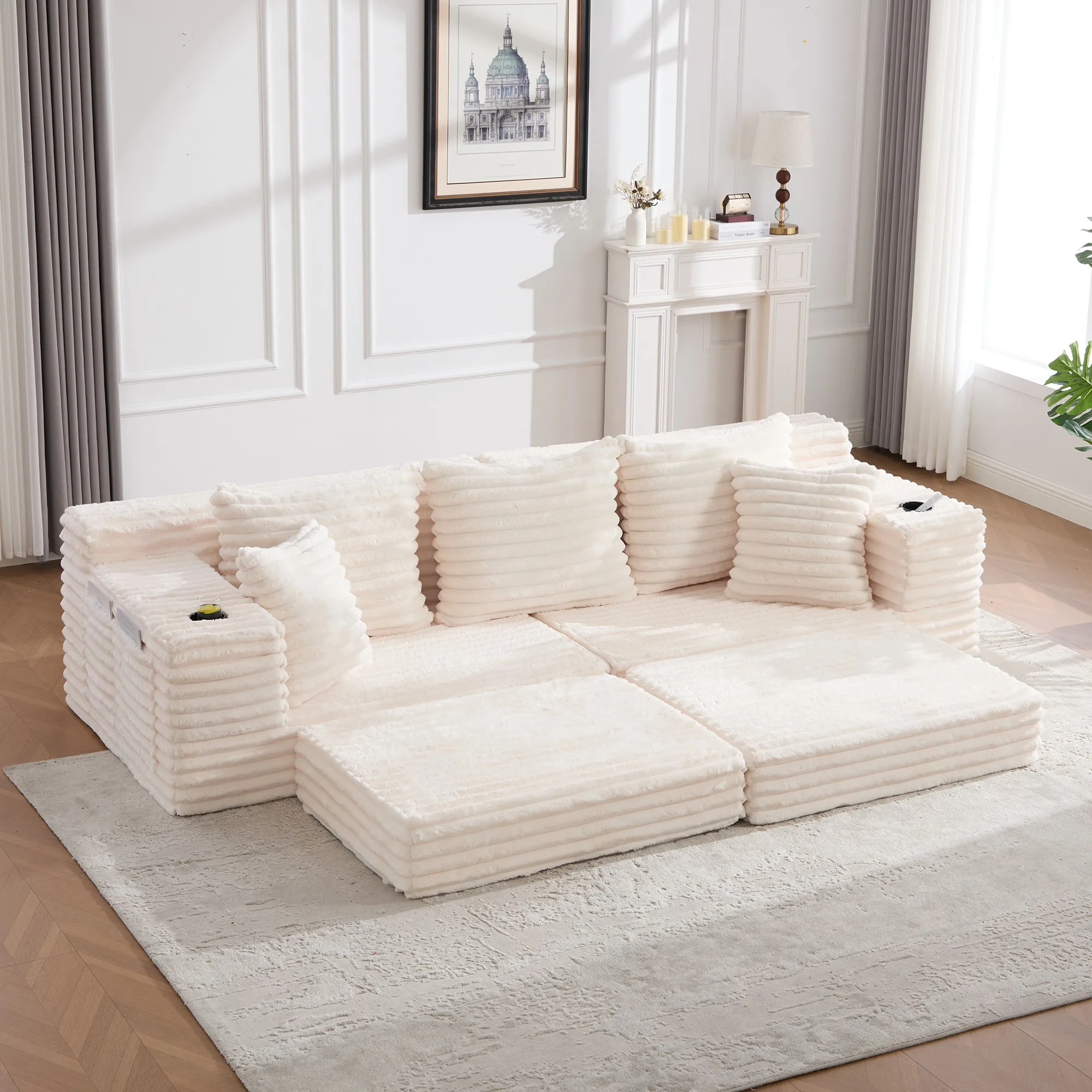 LVHOM 4-Sitzer Cordsofa mit Chaiselongue, Kissenrücken, Eckigen Armlehnen, Getränkehaltern & Seitentaschen für Wohnzimmer – Detail 2