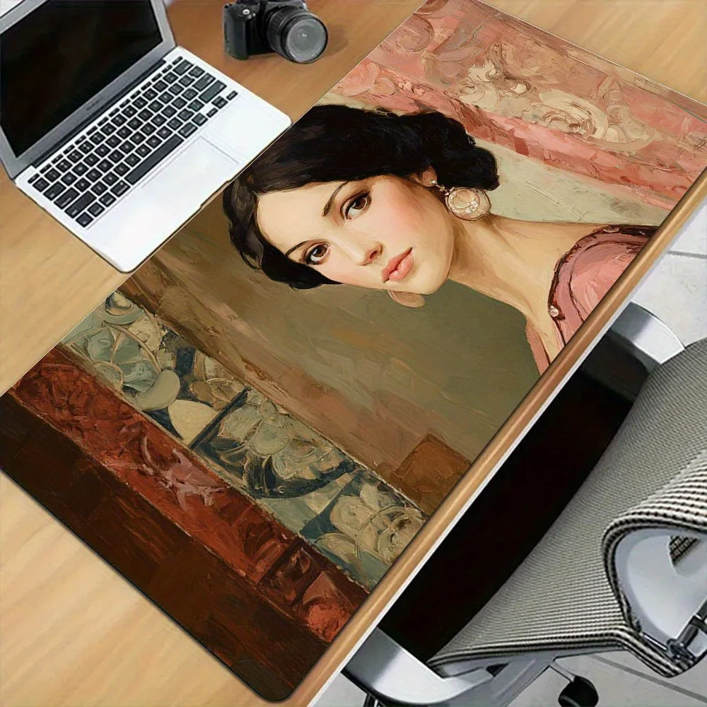 

Vintage Oil Painting Portrait Desk Mat, Classic Lady Mouse Pad, Non-Slip Keyboard Pad for Office Gaming