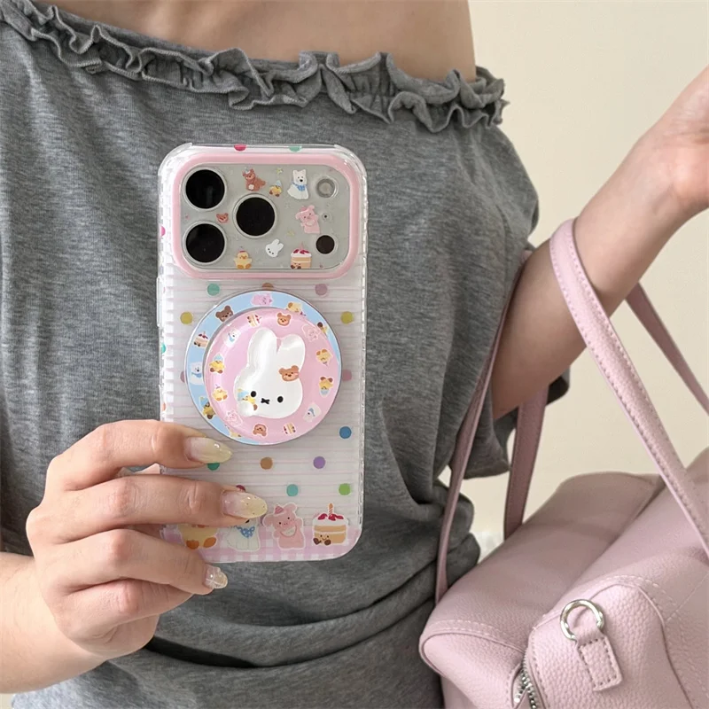 Cartoon Colorful Polka Dot Miffy Magsafe Wireless Charge Phone Case For iphone 17 16 15 Pro Max Magnetic Holder Shockproof Cover