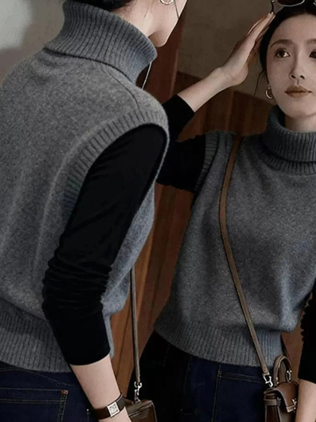Fashionable Sleeveless Knitted Vest Women's 2026 Spring Autumn New Style Slimming High Collar Base Shirt Top Polyester Acrylic
